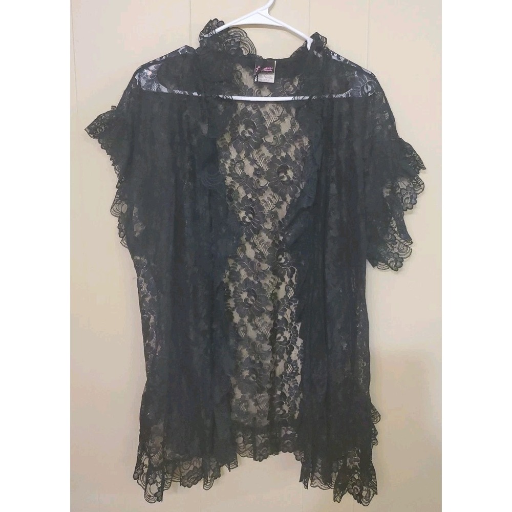 FREDERICKS OF HOLLYWOOD Black Lace Baby Doll Open Front Cover Up Lingerie VTG